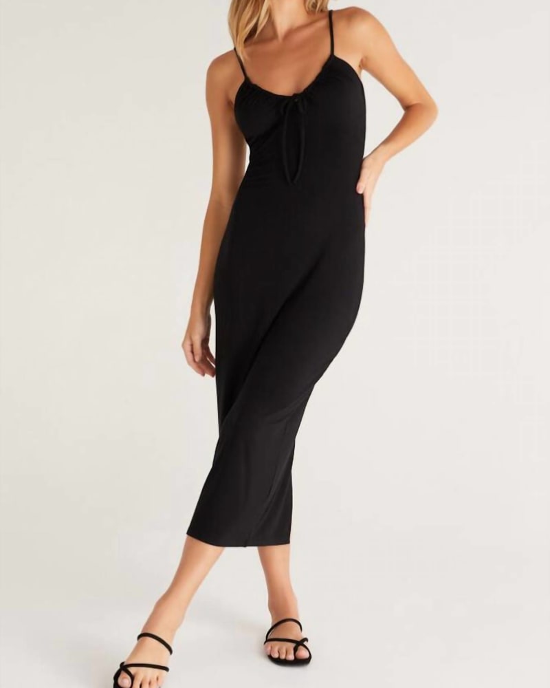 Front of a model wearing a size L Melinda Midi Dress in Black in Black by Z Supply. | dia_product_style_image_id:338264